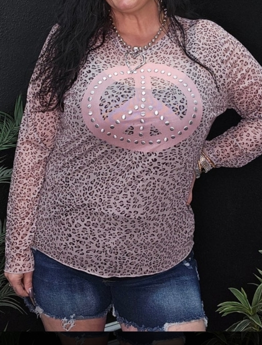 Plus Size Mesh Pink Leopard Print Long-Sleeve Top with Studded Peace Graphic